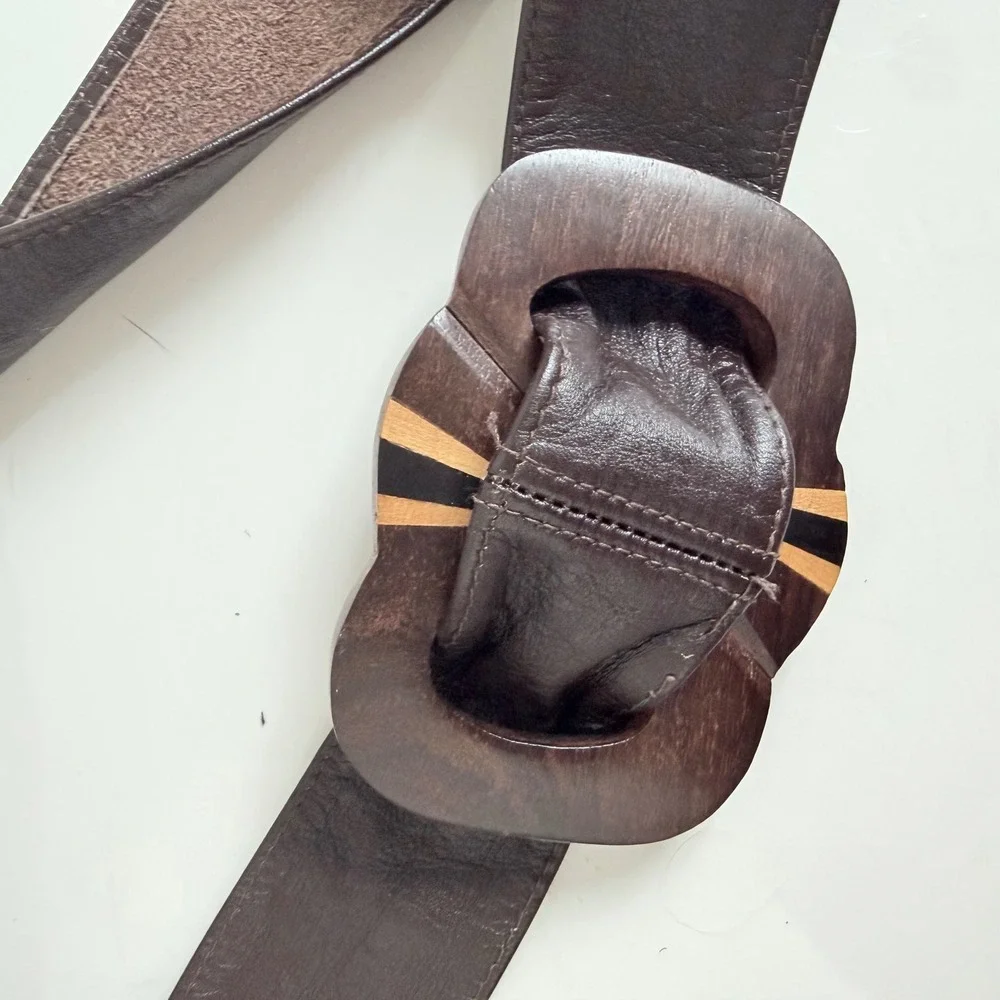 Vintage Women's Wooden Buckle Leather Tie Belt‎